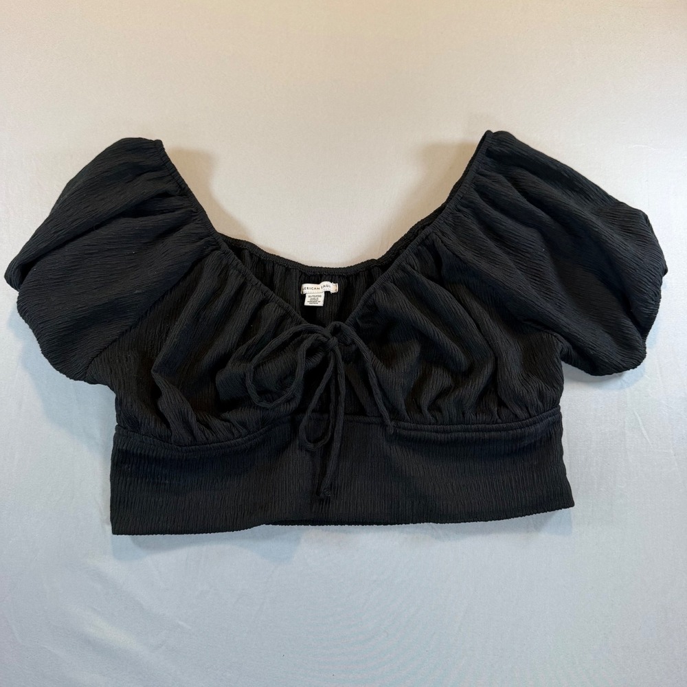 American Eagle Black Smocked Crop Top XL Boho Coquette Milkmaid Festival Peasant